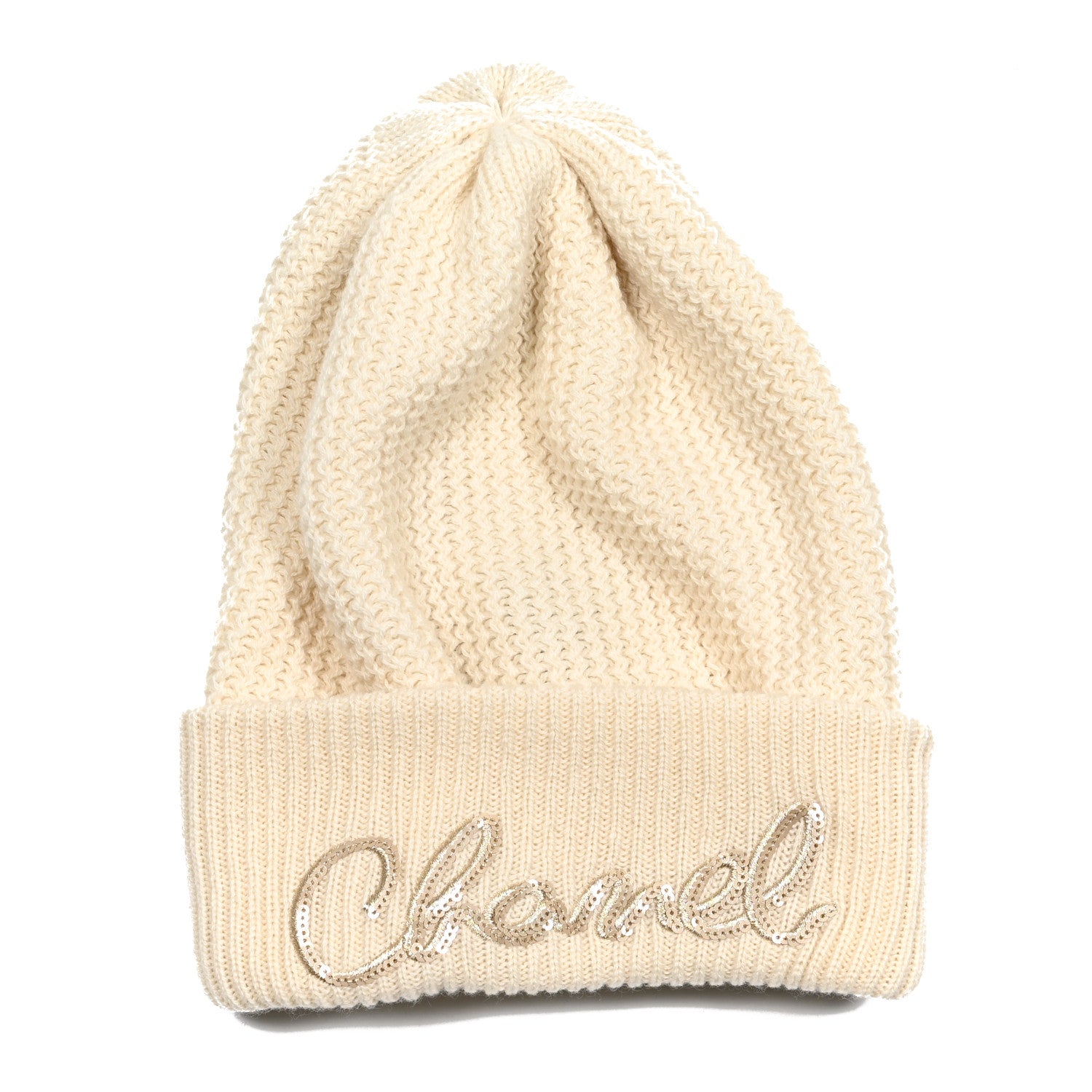 Chanel Cashmere Sequin Logo Beanie Hat Ivory Gold 1 of 4
