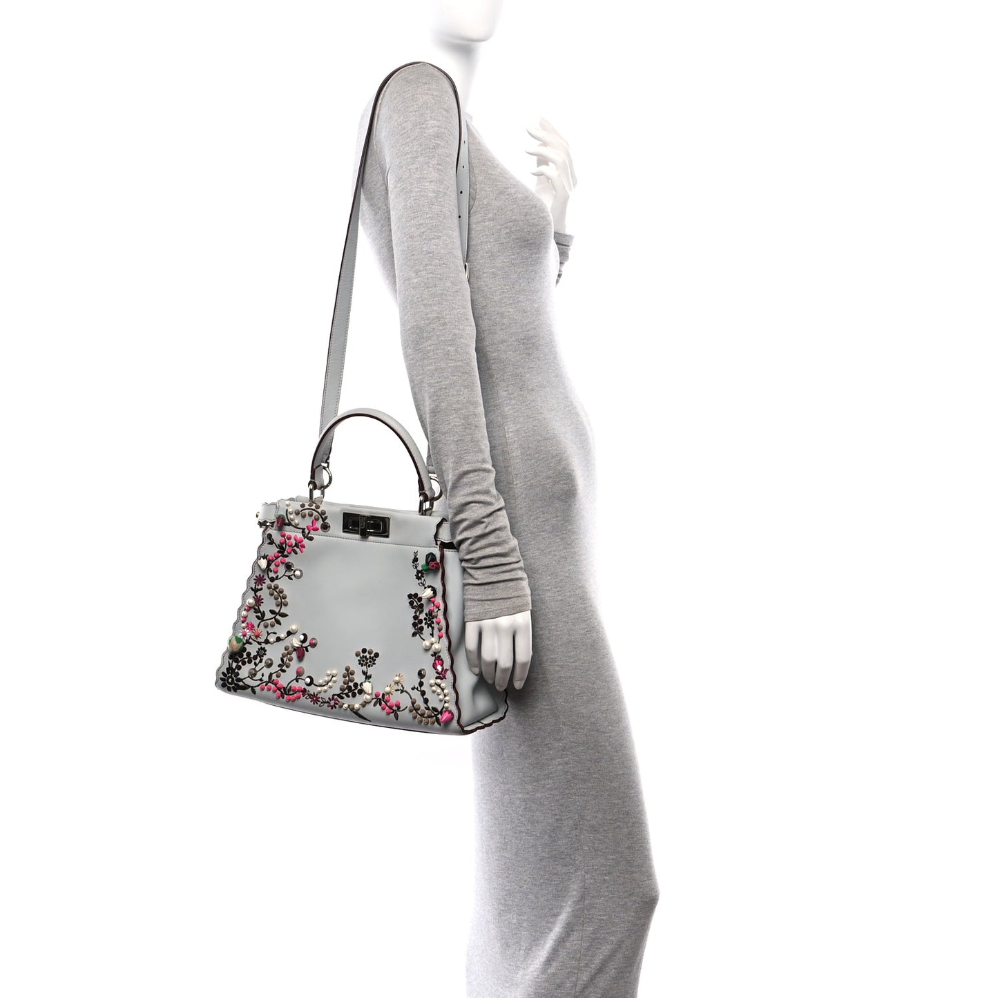 Vitello Seta Shiny Nappa Pearl Scalloped Studded Floral Embroidered Medium Peekaboo Iconic Satchel Grigio Perla Multicolor