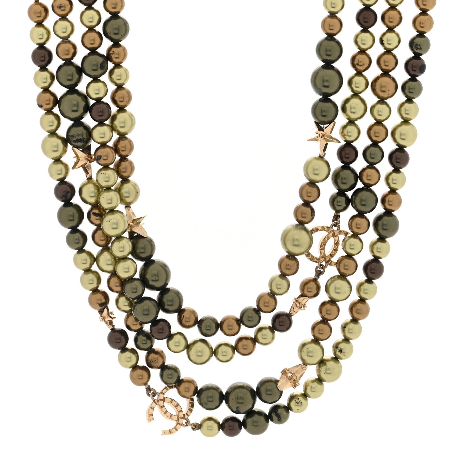 Chanel Pearl Star CC Multi Strand Long Necklace Green Gold 1 of 4