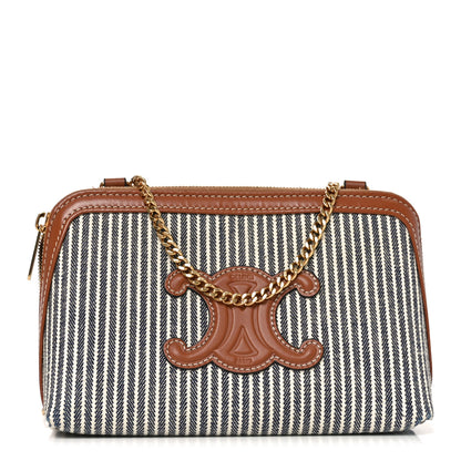 Celine Canvas Calfskin Striped Triomphe Clutch On Chain Navy Blue Tan 1 of 9