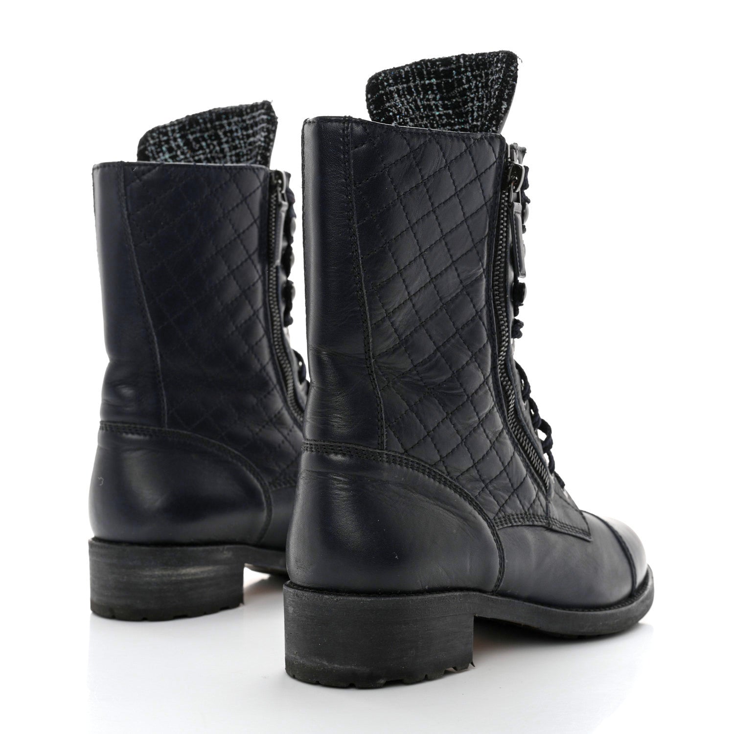 Chanel Sheepskin Quilted CC Tall Lace Up Combat Boots 40 Navy 4 of 11