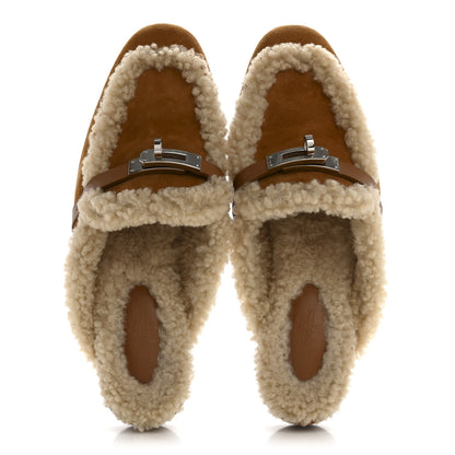Hermes Suede Goatskin Woolskin Womens Oz Mules 37 Naturel 2 of 10