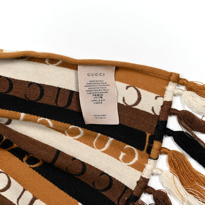 Gucci Wool Cotton Logo Wood Stripes Scarf Light Brown Dark Brown 5 of 5