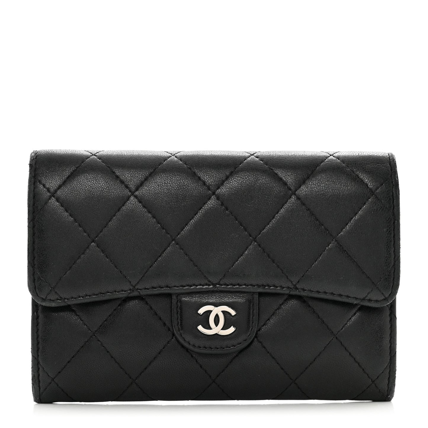 Lambskin Quilted Flap Card Holder Wallet Black