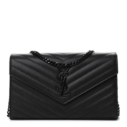 Saint Laurent Grain De Poudre Matelasse Chevron Monogram Chain Wallet Black 1 of 4