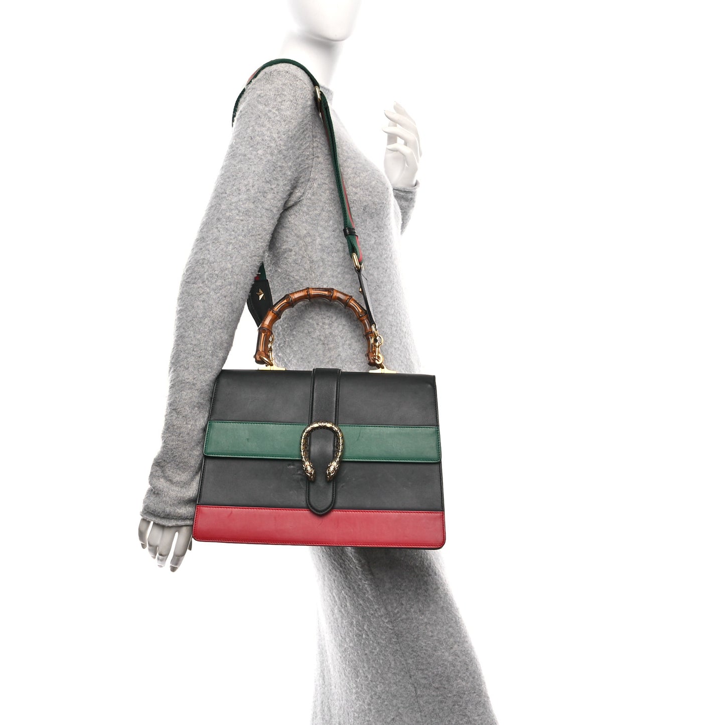 Calfskin Bamboo Web Large Dionysus Top Handle Bag Black Bright Evergreen Hibiscus Red