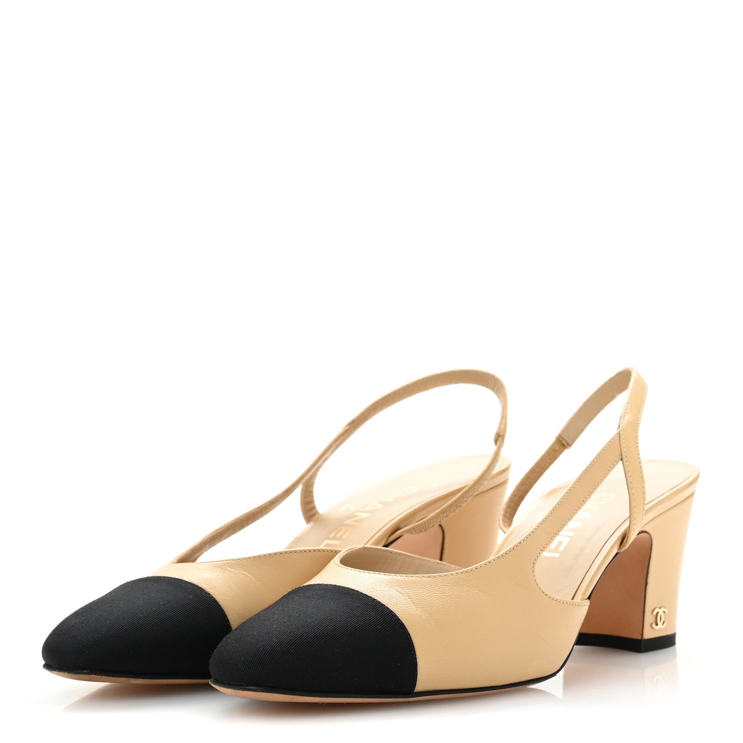 Chanel Goatskin Grosgrain Cap Toe CC Slingback Pumps 38 Beige Black 4 of 10