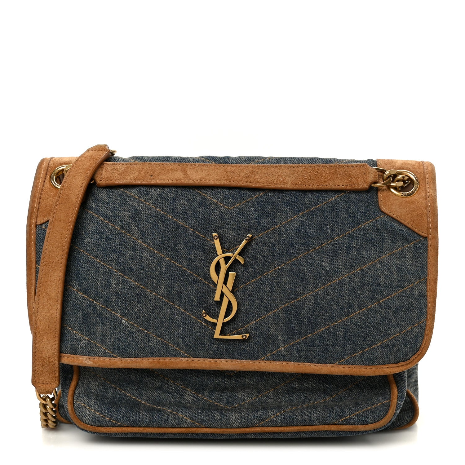 Saint Laurent Denim Suede Monogram Medium Niki Chain Satchel Blue Cinnamon 1 of 10