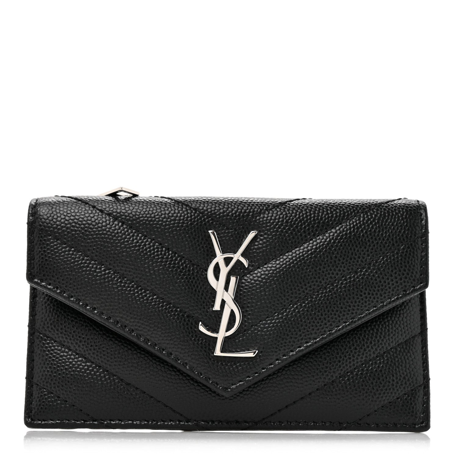 Saint Laurent Grain De Poudre Matelasse Chevron Monogram Compact Wallet Black 1 of 9