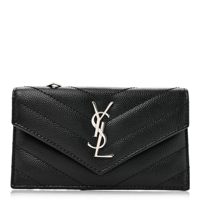 Saint Laurent Grain De Poudre Matelasse Chevron Monogram Compact Wallet Black 1 of 9