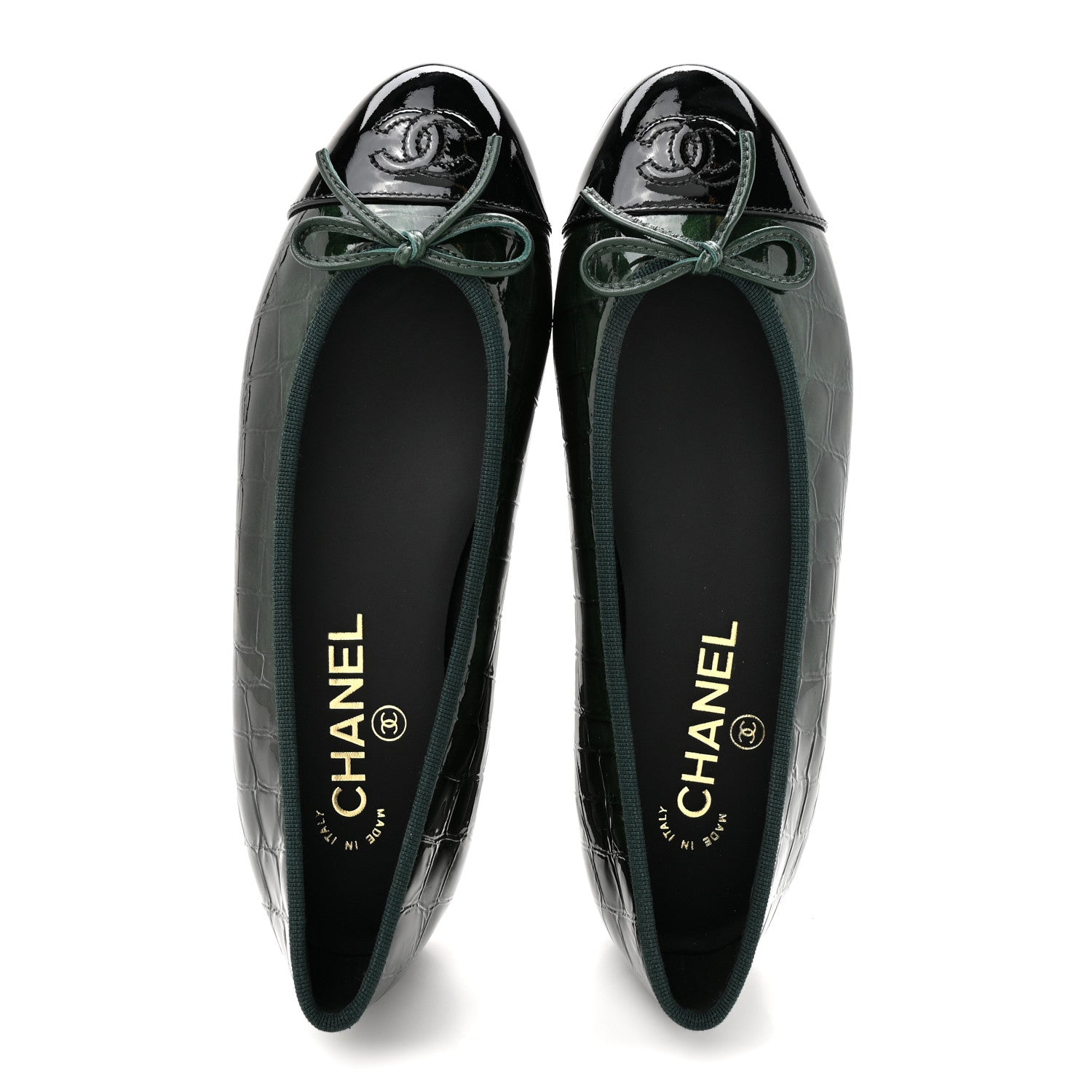 Chanel Patent Calfskin Crocodile Embossed Ballerina Flats 37 Dark Green Black 3 of 10