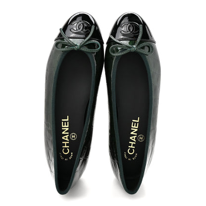 Chanel Patent Calfskin Crocodile Embossed Ballerina Flats 37 Dark Green Black 3 of 10