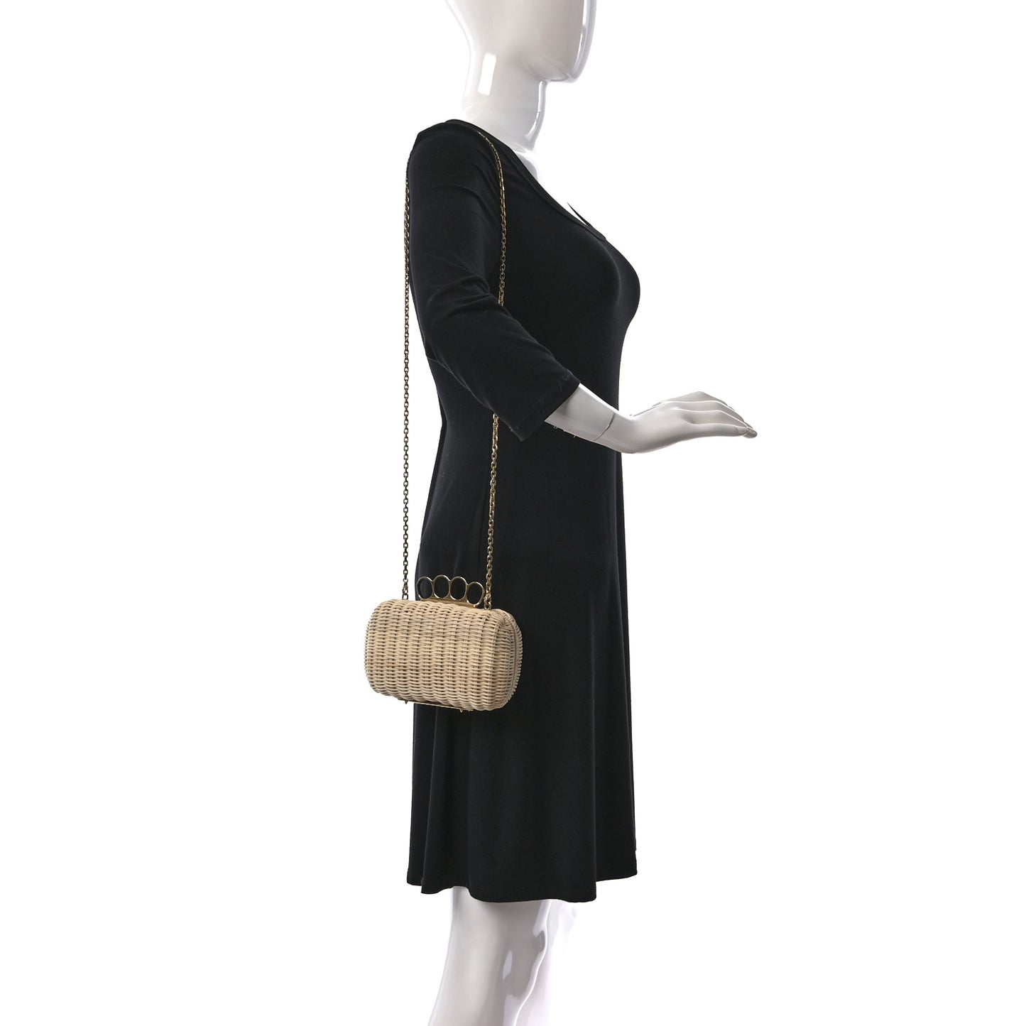 Woven Straw Four Ring Chain Knuckle Clutch Natural