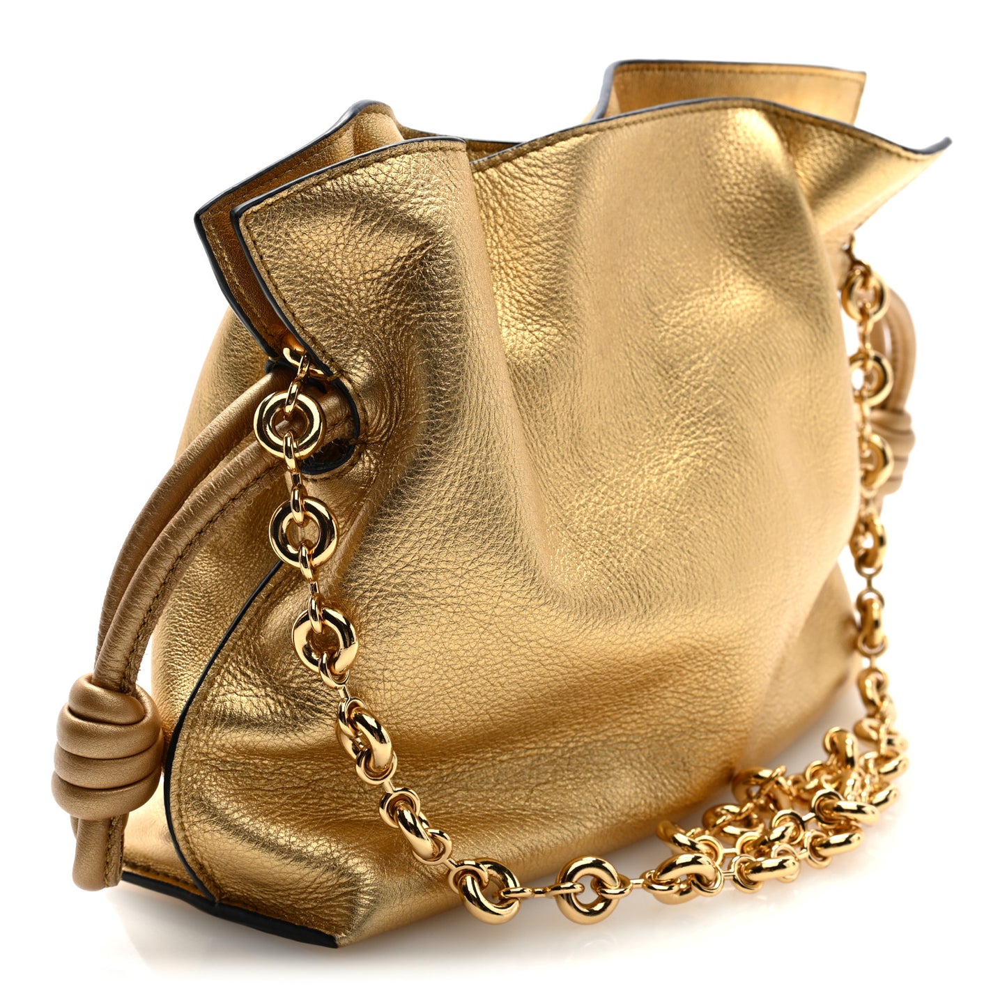 Metallic Calfskin Mini Chain Flamenco Knot Clutch Gold