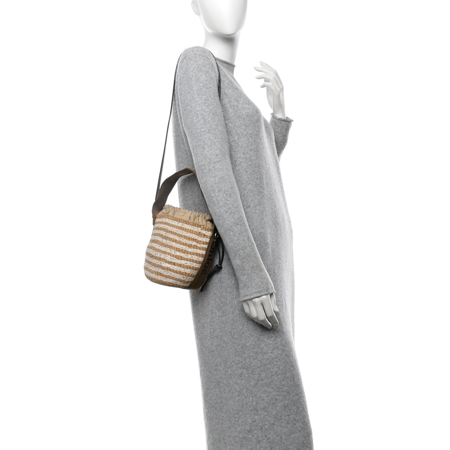 Raffia Calfskin Small Woody Striped Basket Bag Grove Brown