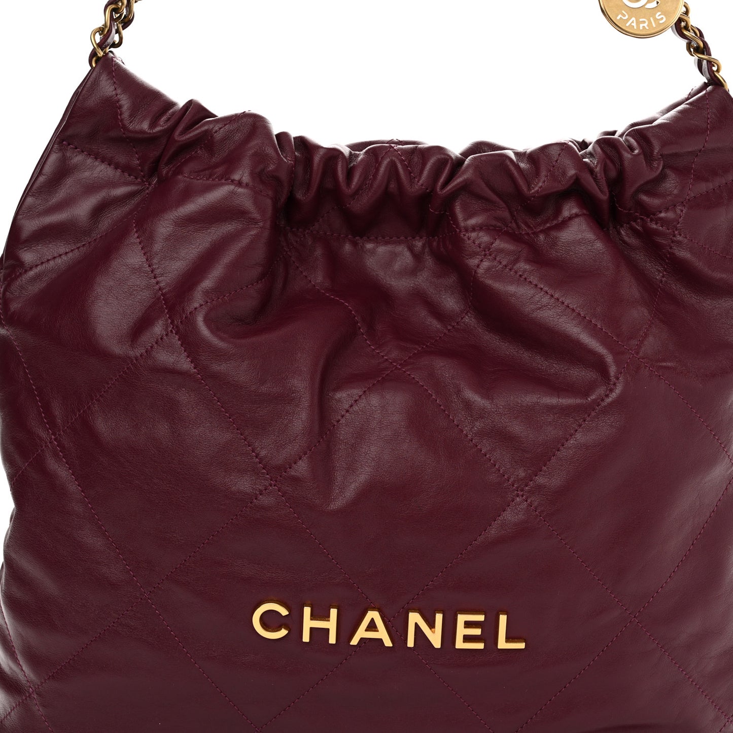 Shiny Calfskin Quilted Chanel 22 Drawstring Bag Dark Purple
