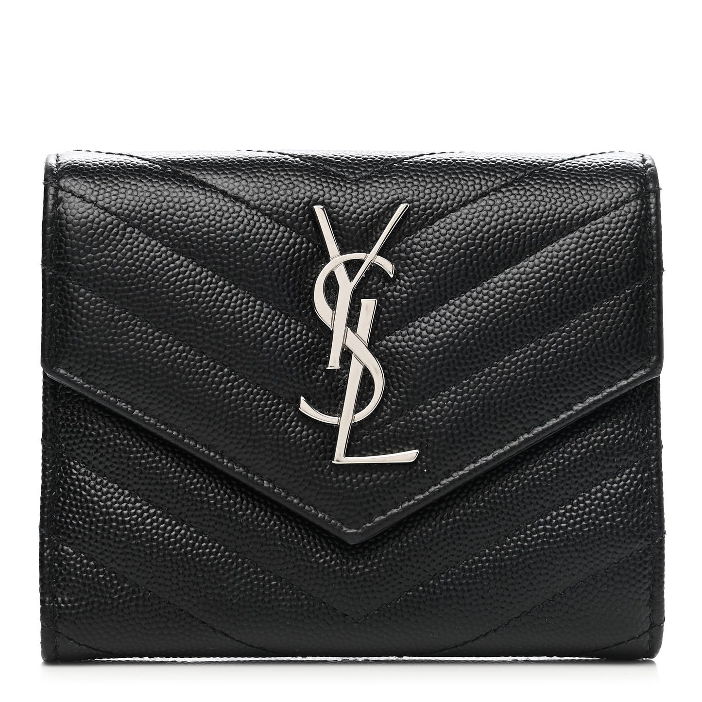 Grain De Poudre Matelasse Chevron Monogram Compact Tri Fold Wallet Black