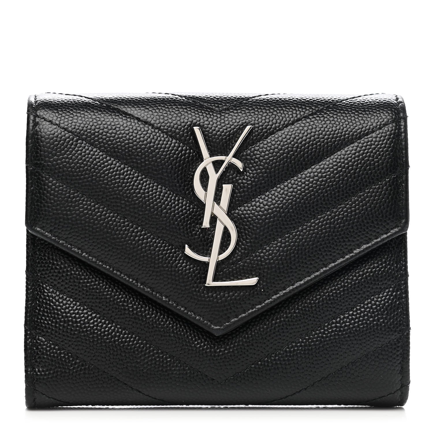 Saint Laurent Grain De Poudre Matelasse Chevron Monogram Compact Tri Fold Wallet Black 1 of 8
