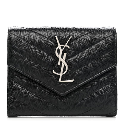 Saint Laurent Grain De Poudre Matelasse Chevron Monogram Compact Tri Fold Wallet Black 1 of 8