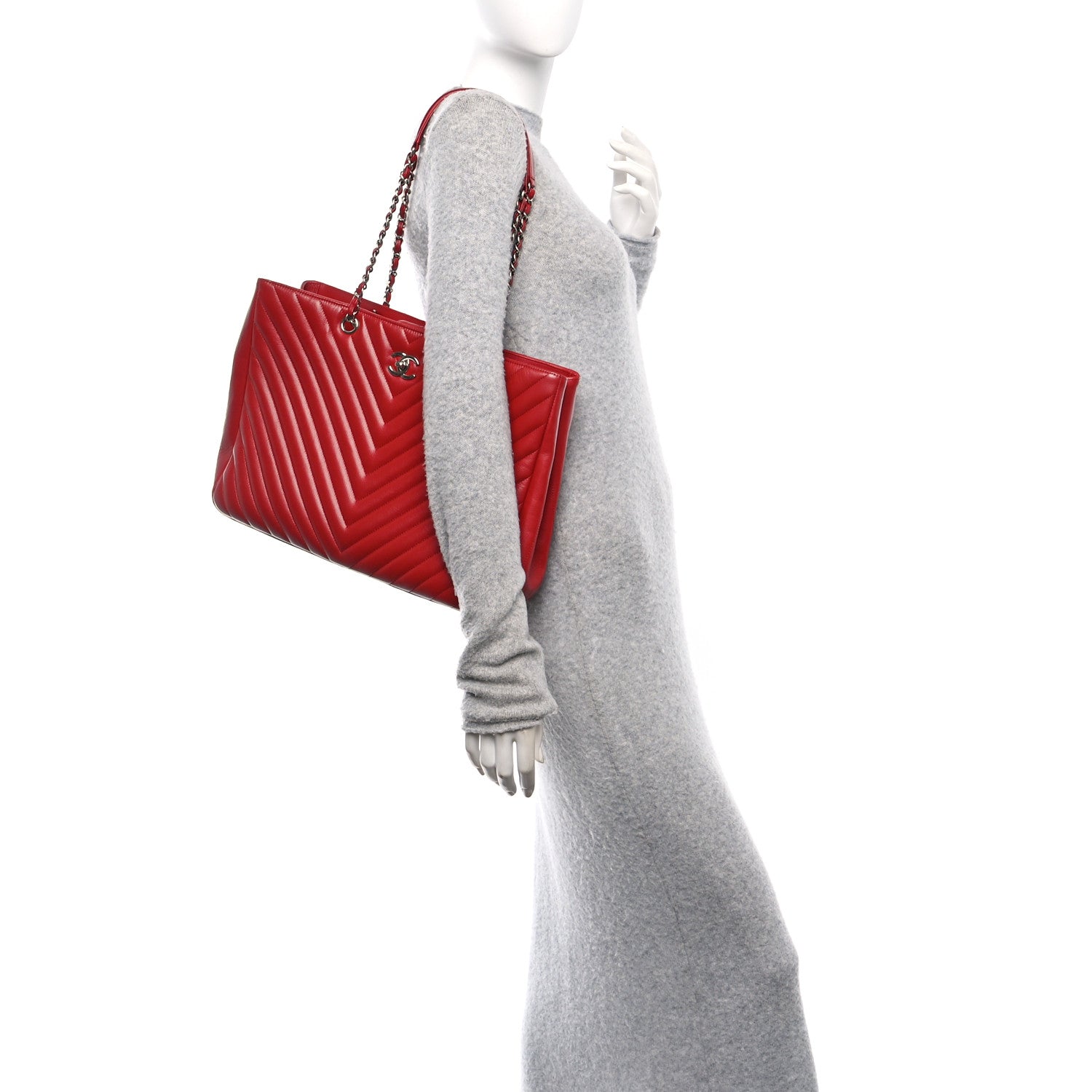 Chanel Caviar Chevron Quilted Large Coco Handle Shopping Tote Red 2 of 10