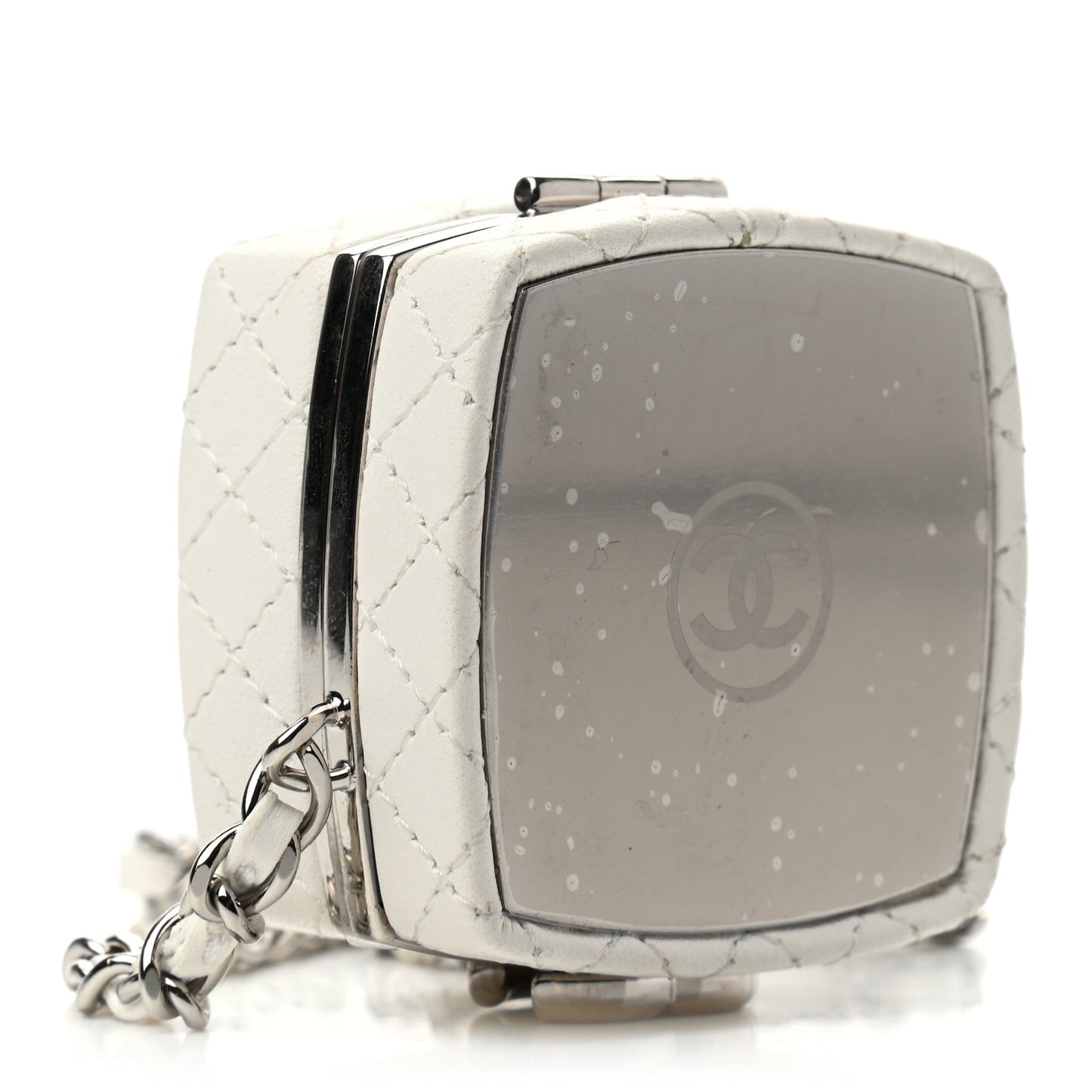 Patent Goatskin Quilted Clutch With Chain White