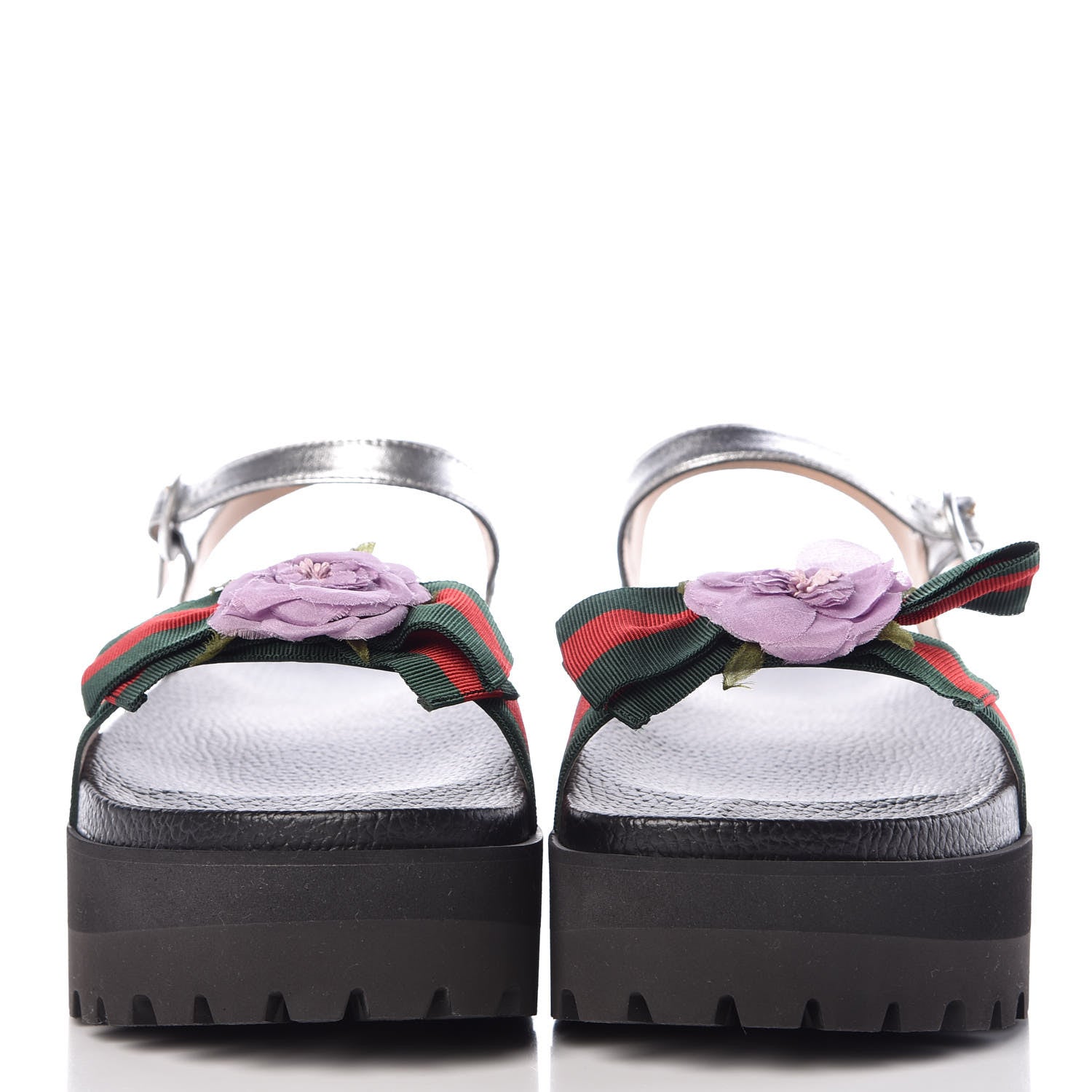 Gucci Metallic Calfskin Web Platform Sandal 38.5 Black 2 of 7