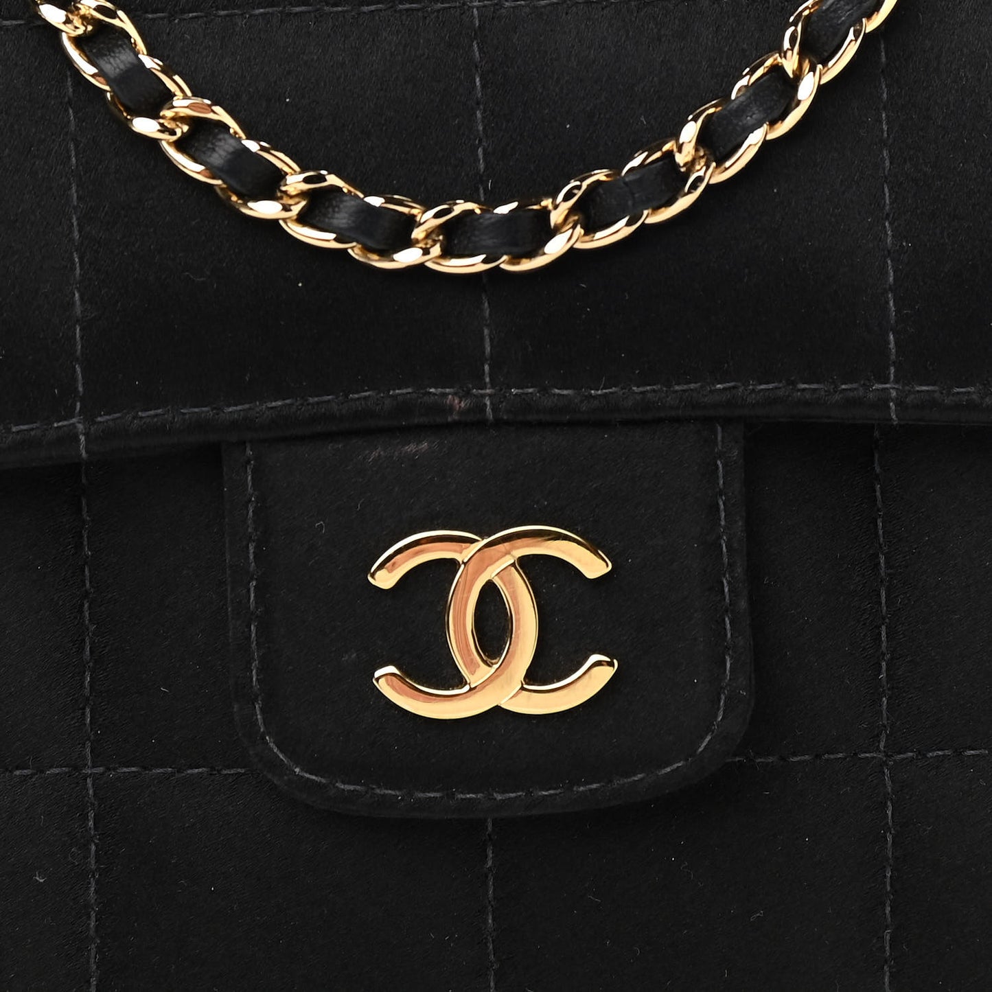 Satin Chocolate Bar Quilted Camellia Rectangular Mini Flap Black