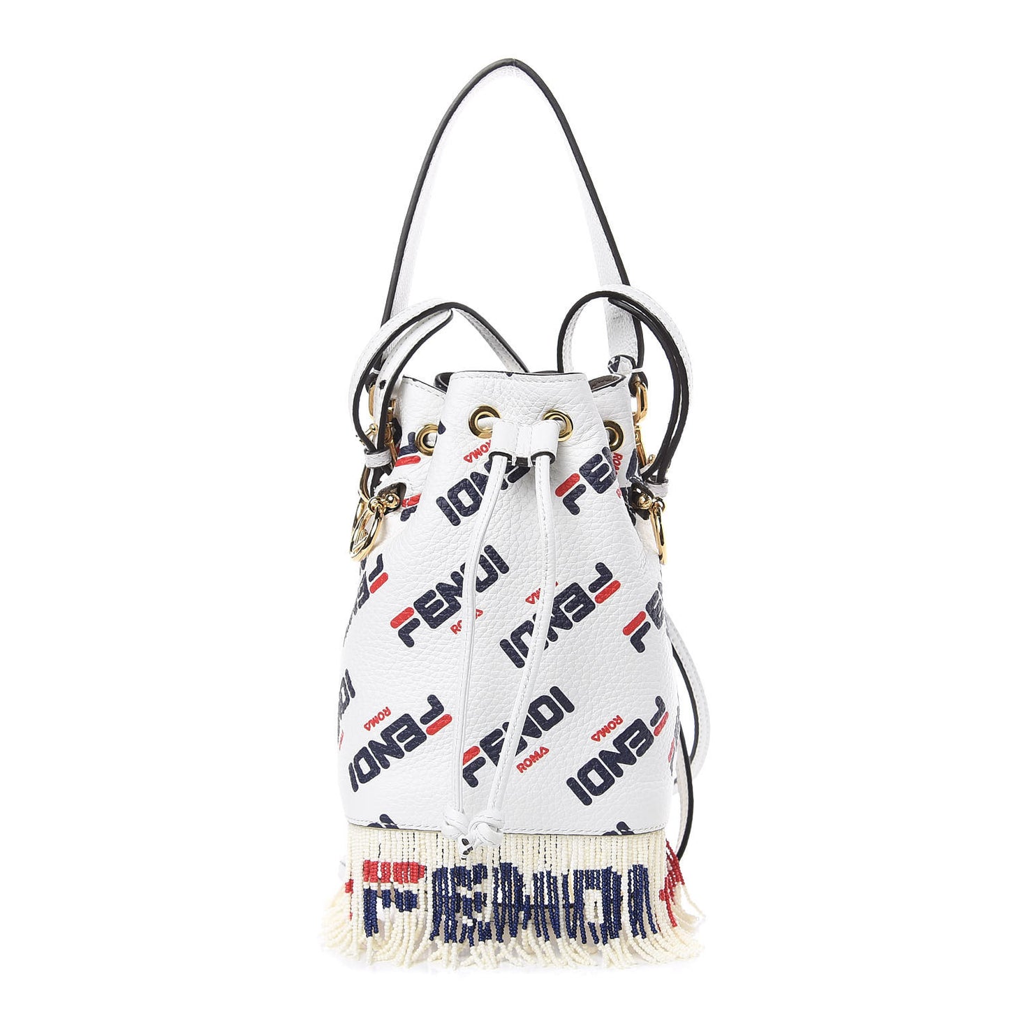 X FILA Calfskin F is Fendi Mania Fringe Mini Mon Tresor Bucket Bag White
