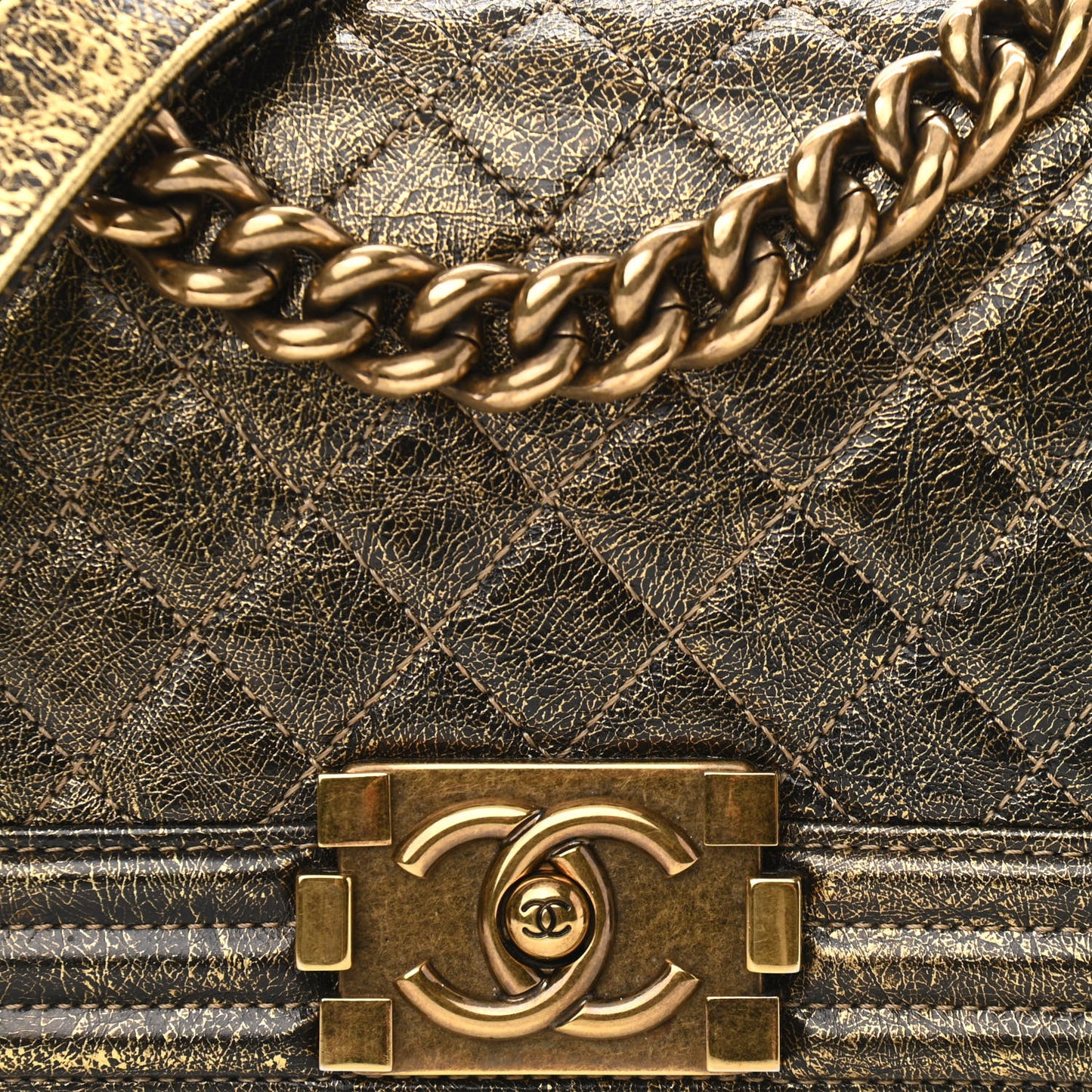 Cracked Metallic Calfskin Quilted Small Boy Flap Gold