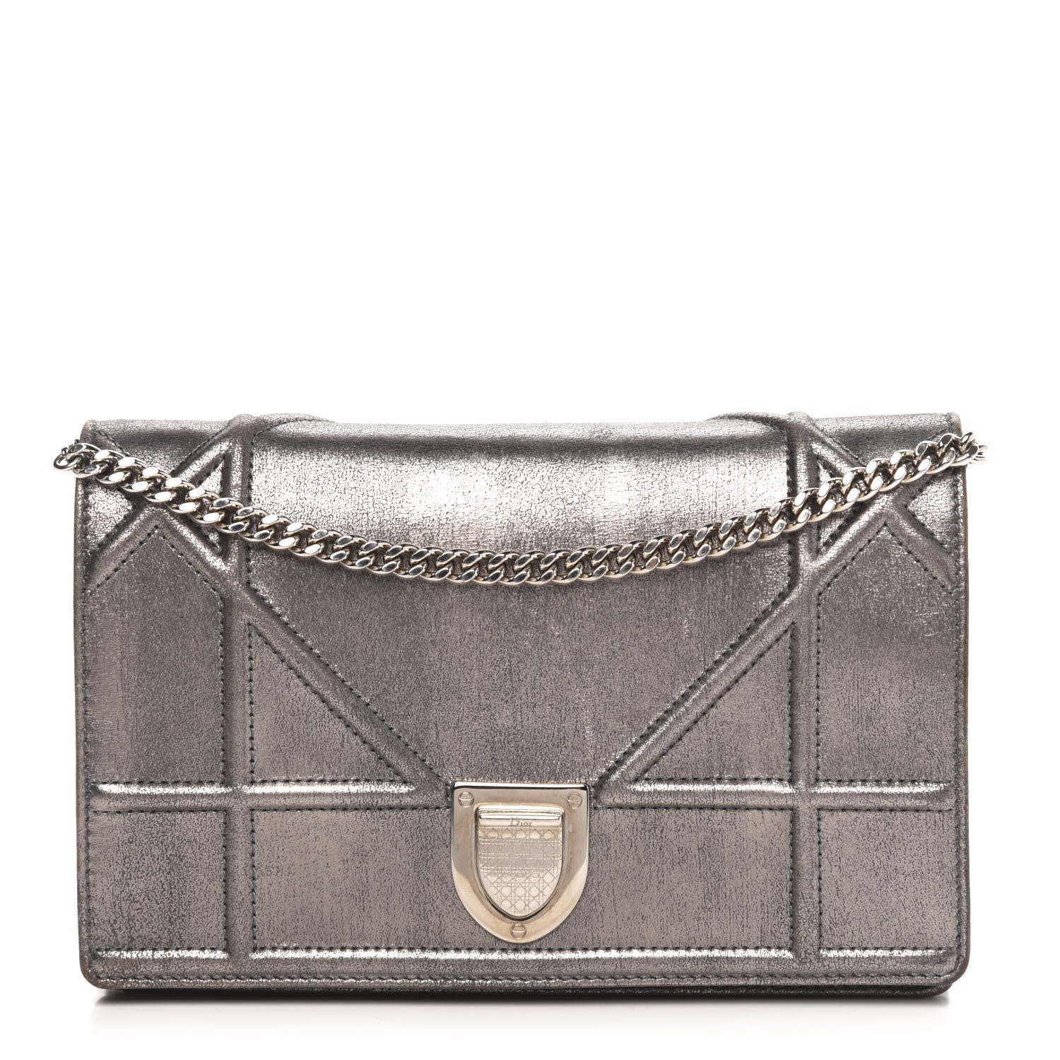 Christian Dior Metallic Brushed Calfskin Diorama Wallet on Chain Pouch Gunmetal 1 of 12