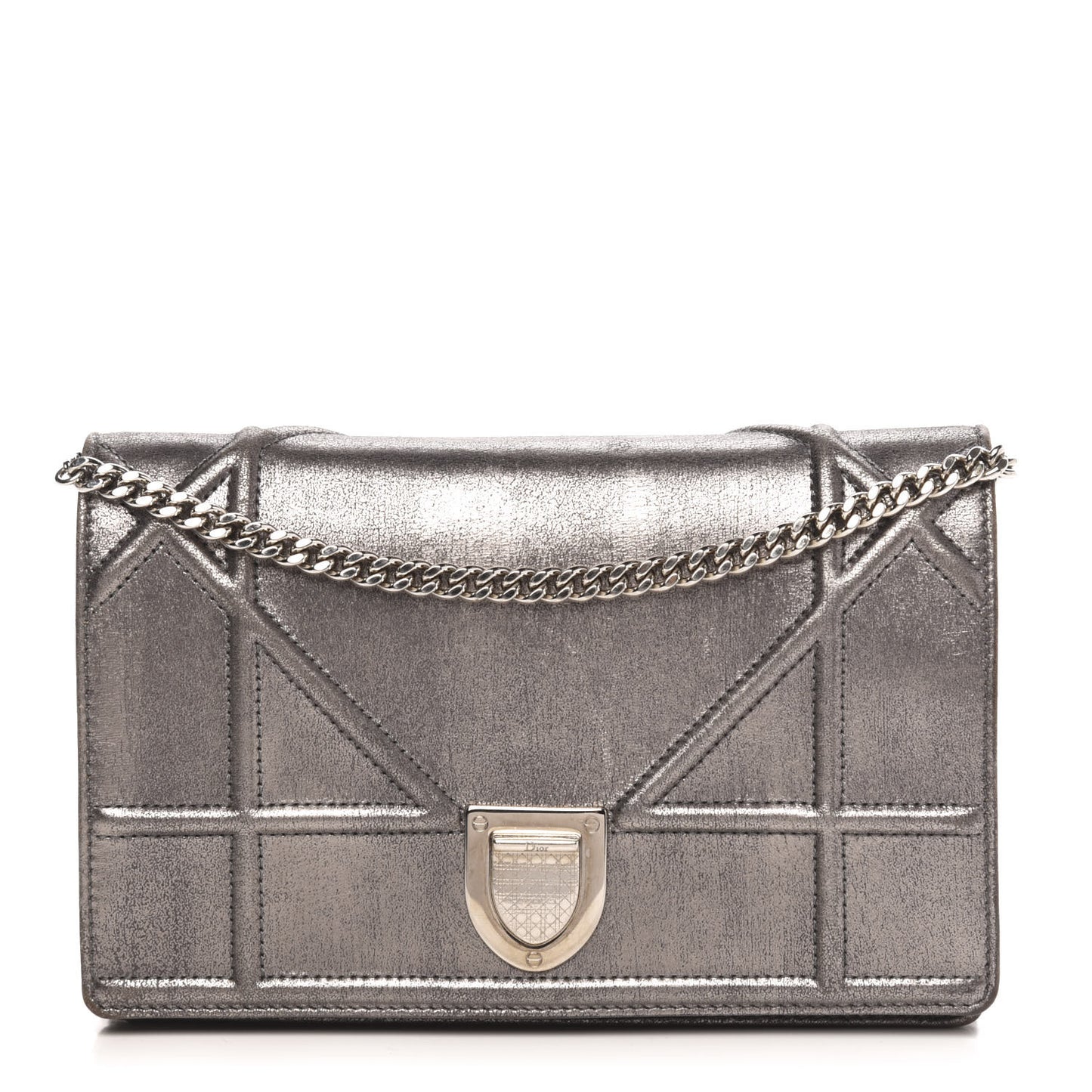 Metallic Brushed Calfskin Diorama Wallet on Chain Pouch Gunmetal