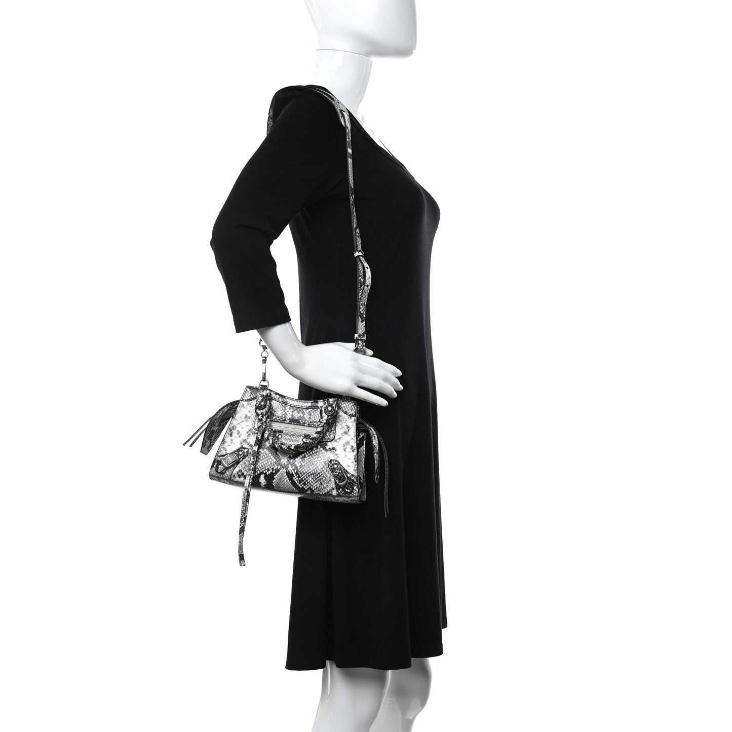 Grained Calfskin Snake Effect Neo Classic Silver Hardware Mini City Black White