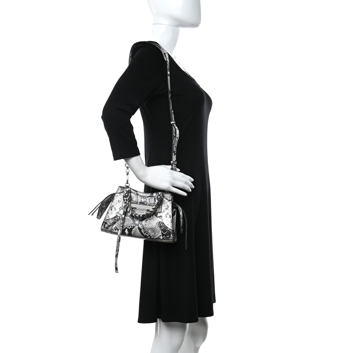 Balenciaga Grained Calfskin Snake Effect Neo Classic Silver Hardware Mini City Black White 2 of 7