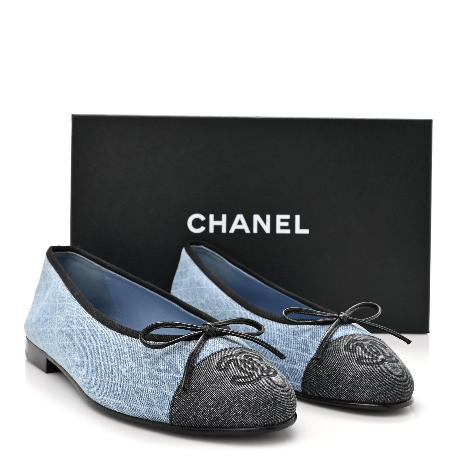 Chanel Denim Printed Quilt CC Cap Toe Ballerina Flats  36 Light Blue Dark Grey 9 of 9