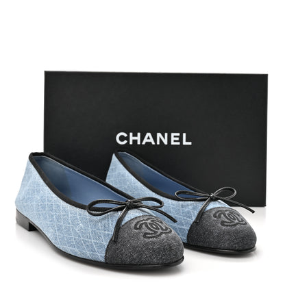 Chanel Denim Printed Quilt CC Cap Toe Ballerina Flats  36 Light Blue Dark Grey 9 of 9