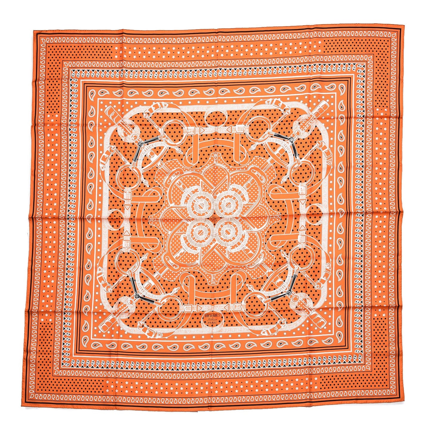 Silk Eperon D'Or Bandana Scarf 140 Orange Noir Blanc