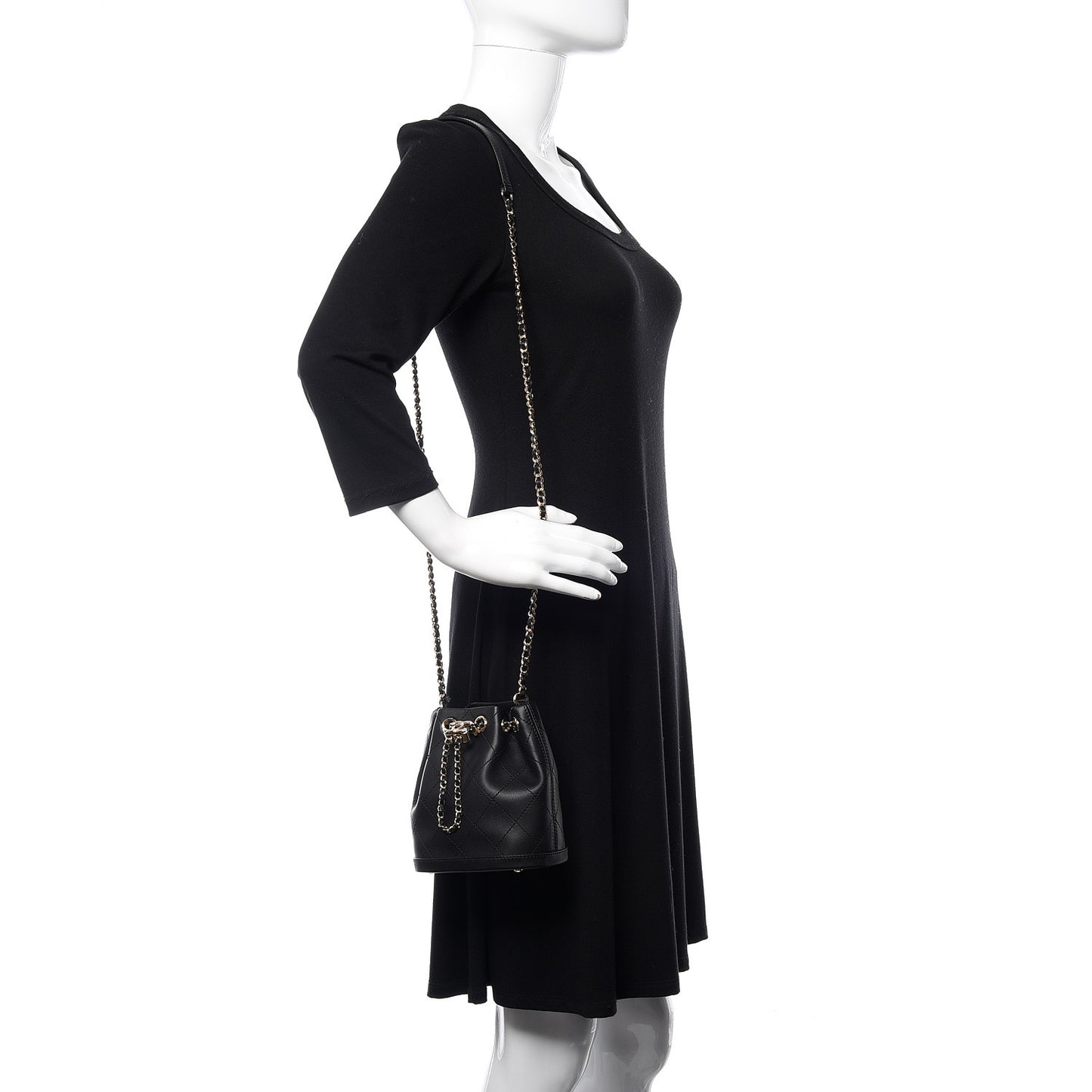 Calfskin Stitched Mini Drawstring CC Bag Black