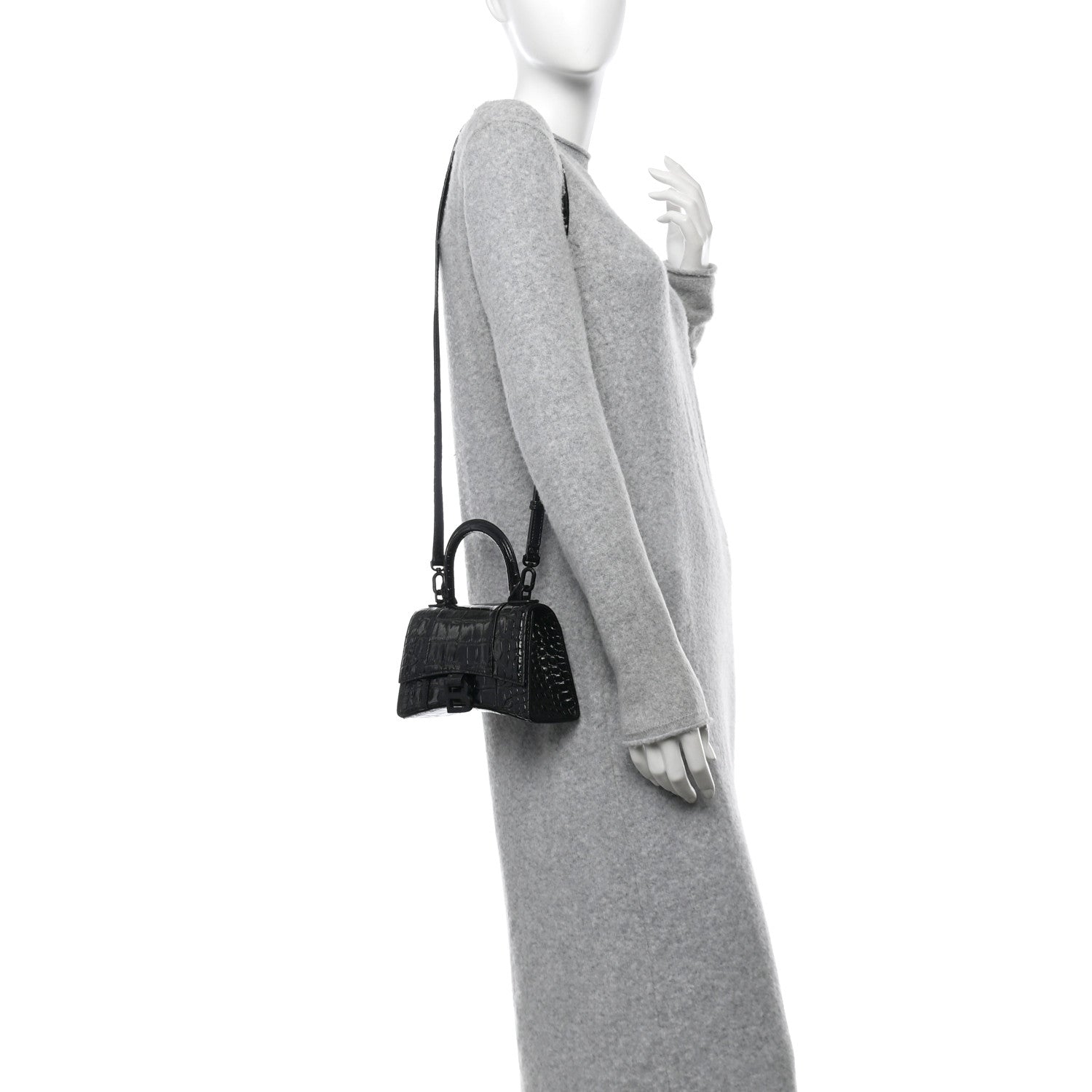 Balenciaga Shiny Calfskin Monochrome Crocodile Embossed Hourglass Top Handle Bag XS Black 2 of 17