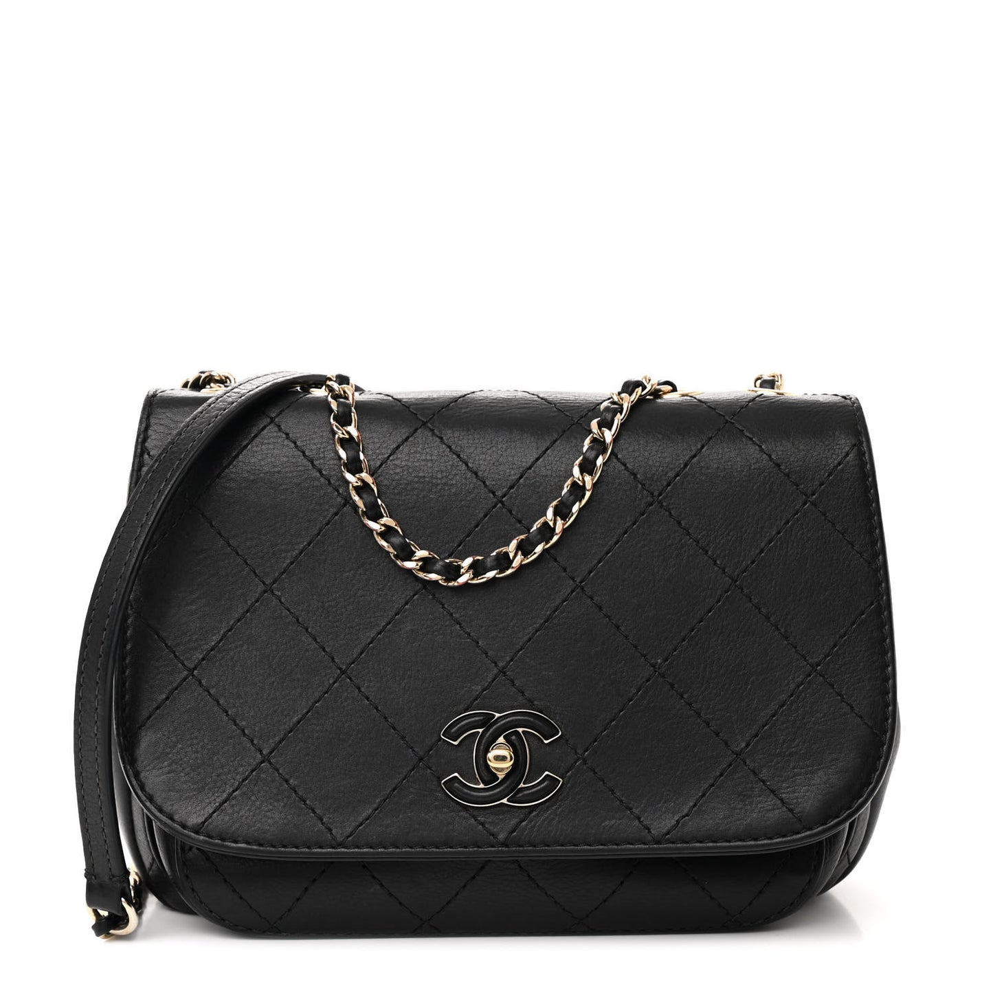 Calfskin Stitched Small Covered CC Flap Bag Black