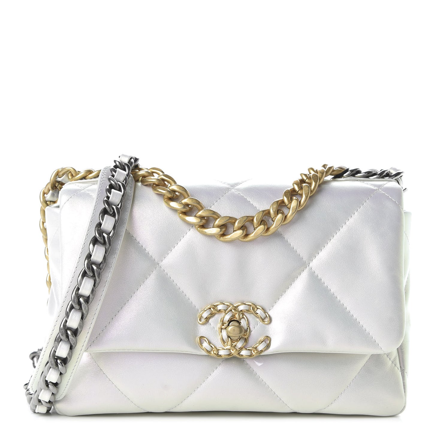 Iridescent Calfskin Quilted Medium 19 Flap White