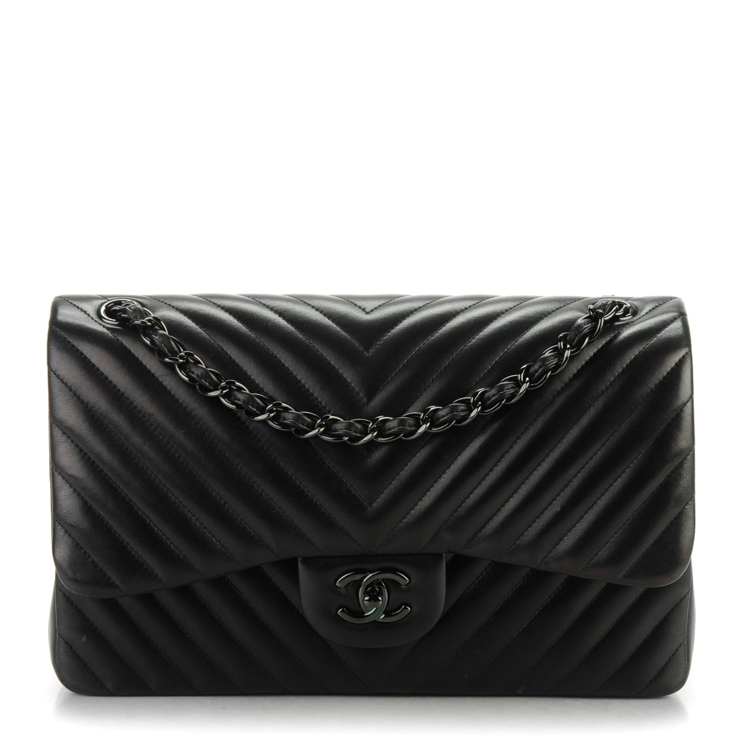 Lambskin Chevron Quilted Jumbo Double Flap So Black