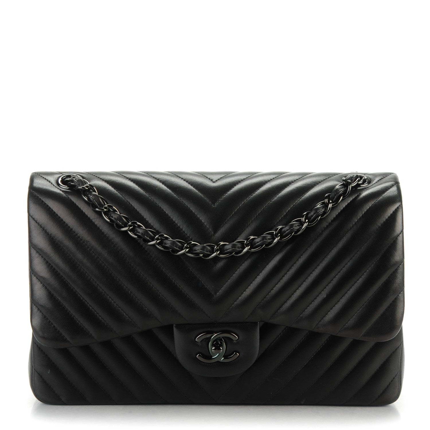 Chanel Lambskin Chevron Quilted Jumbo Double Flap So Black 1 of 10