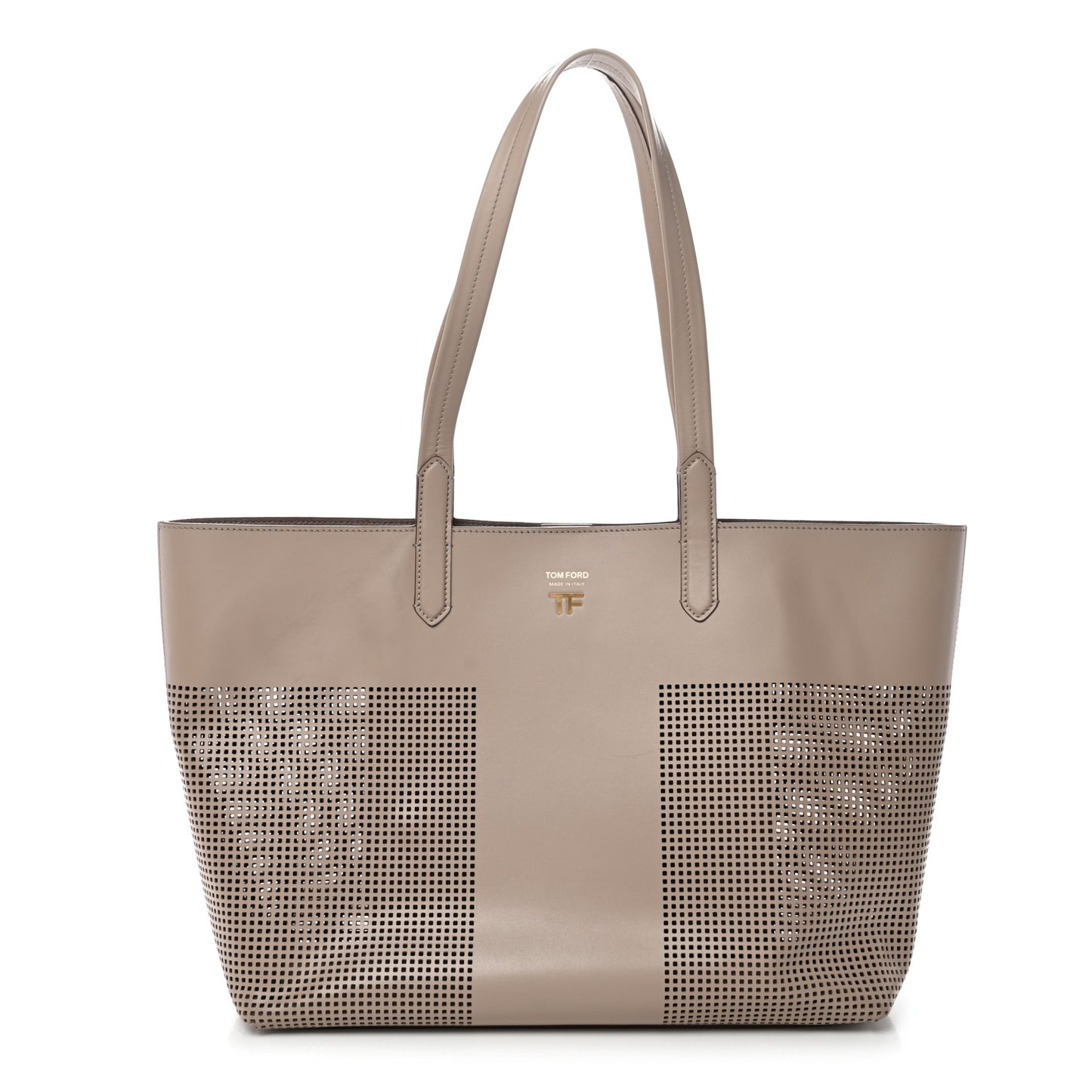Calfskin Perforated Small East West Graphic T Tote Beige