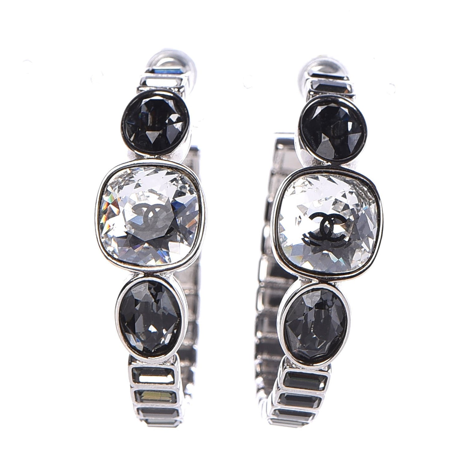 Baguette Crystal CC Hoop Earrings Silver