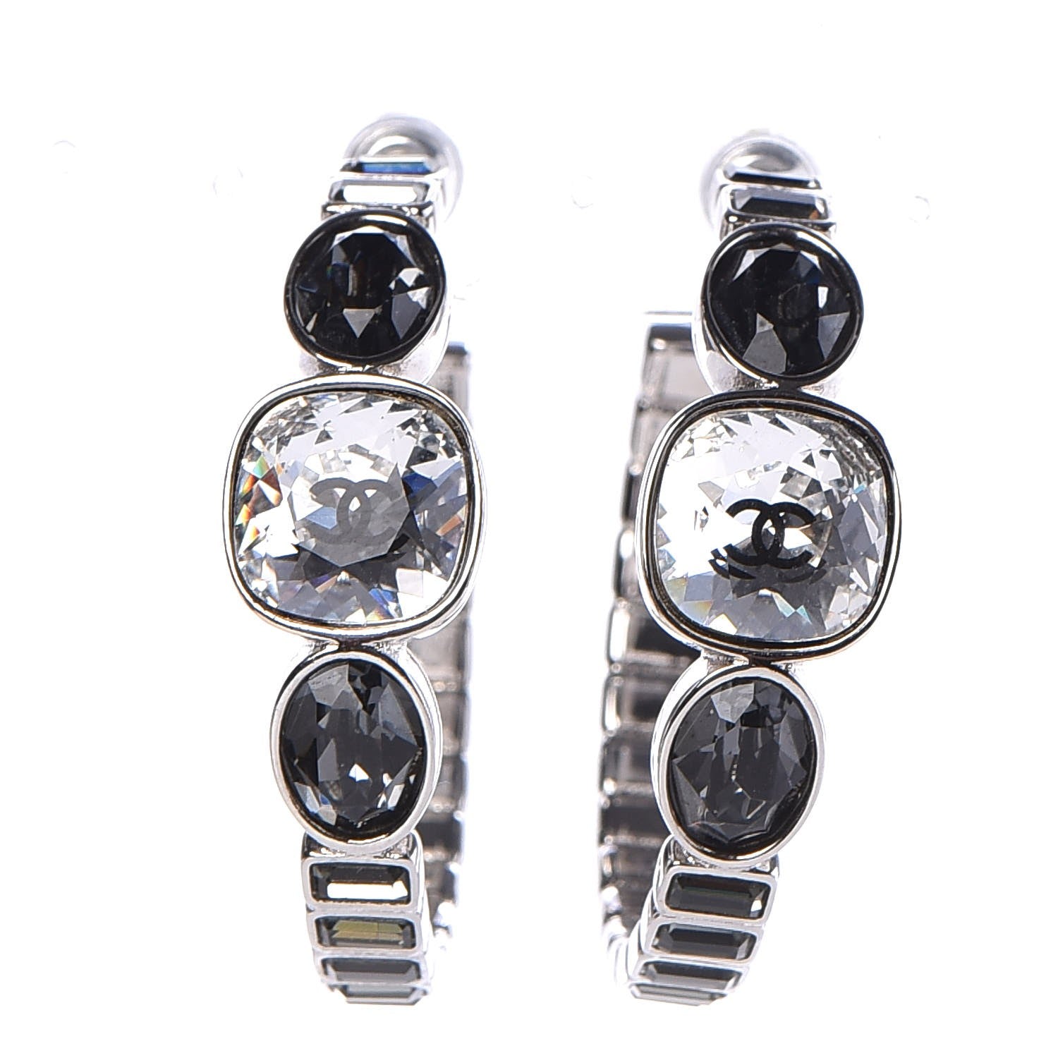 Chanel Baguette Crystal CC Hoop Earrings Silver 1 of 5