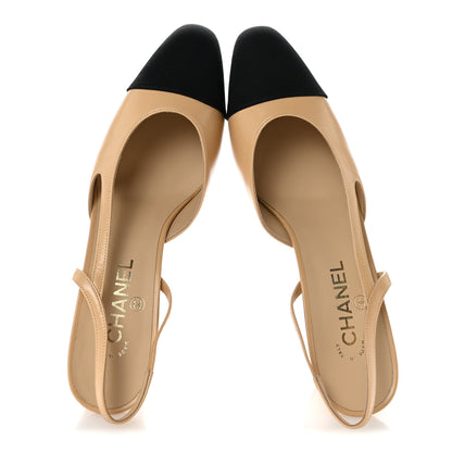 Chanel Goatskin Grosgrain Cap Toe CC Slingback Pumps 41 Beige Black 2 of 10