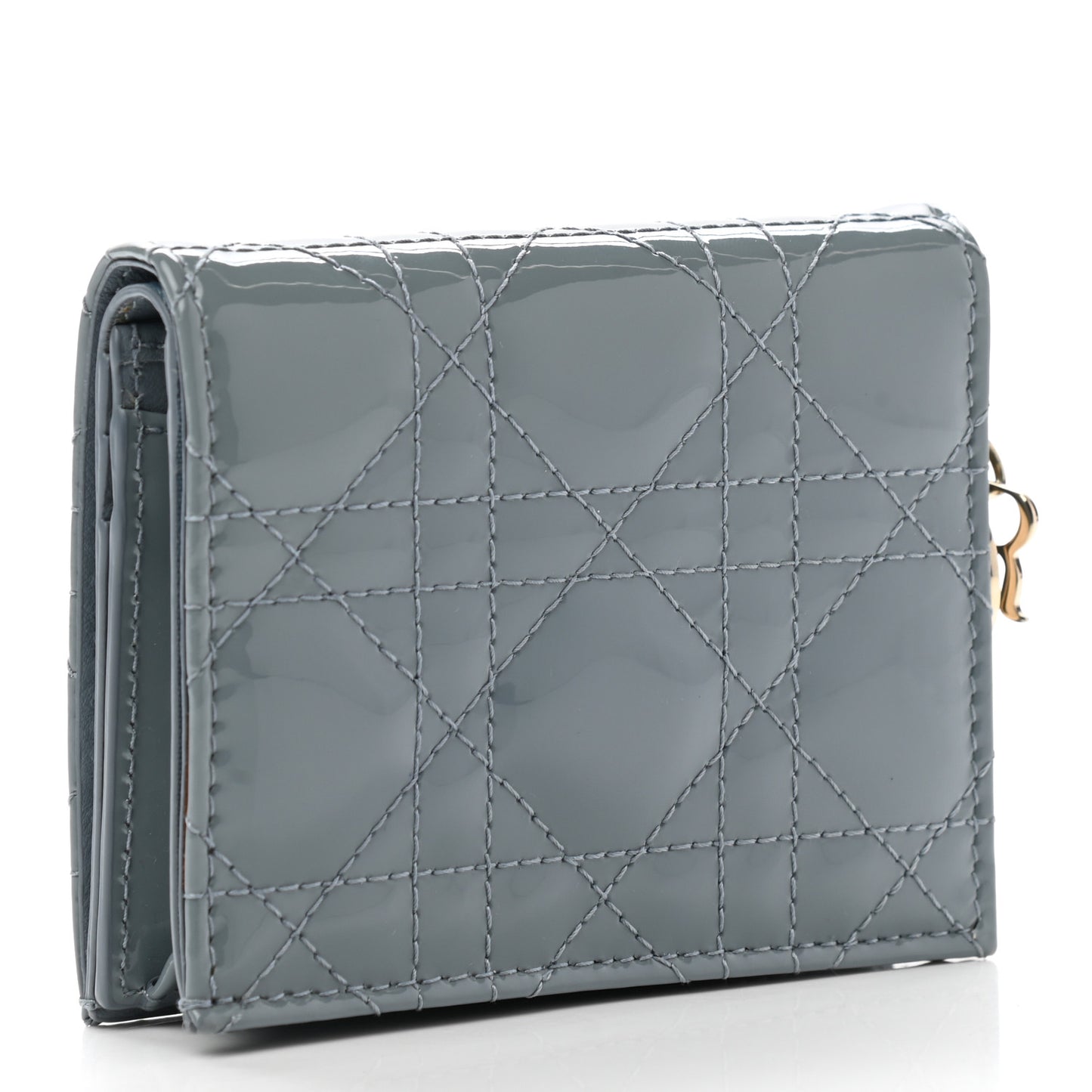 Patent Cannage Mini Lady Dior Wallet Gray Stone