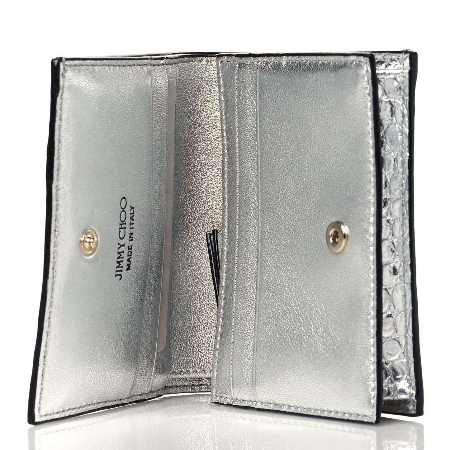 Metallic Calfskin Crocodile Embossed Hanne Wallet Silver
