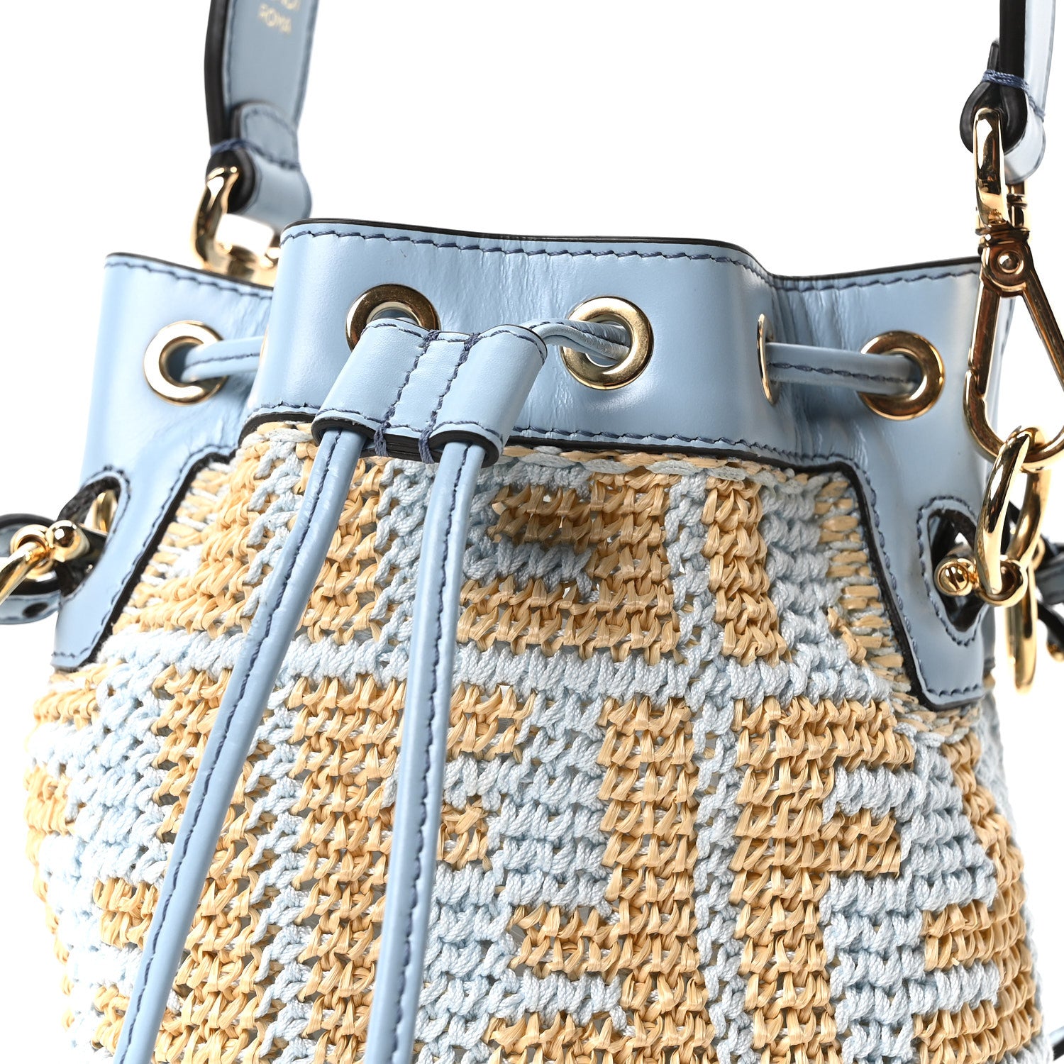 Fendi Raffia Vitello Seta F is Fendi FF Woven Mini Mon Tresor Bucket Bag Azzuro Natural 7 of 9