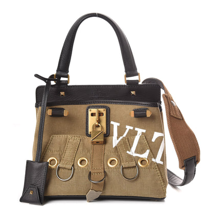 Valentino Garavani Calfskin Cotton Canvas VLTN Print Small Joylock Satchel Green 1 of 8